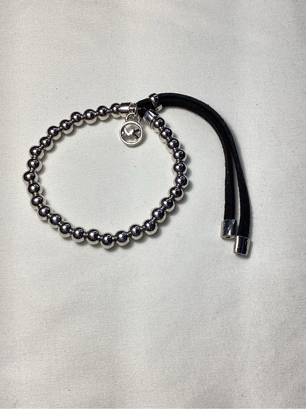 Michael Kors Silver-Tone Beaded Stretch Black Cord Bracelet NWT includes MK Bag